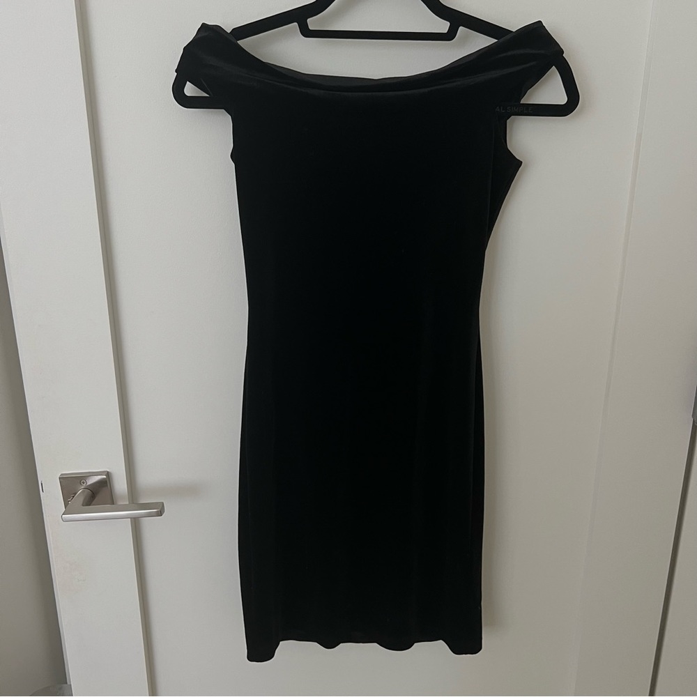 Black velvet off the shoulder mini dress